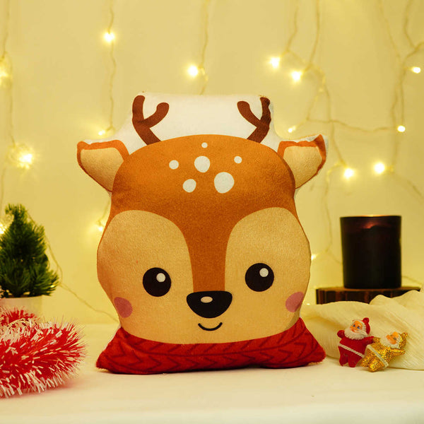 Stuffed Christmas Deer Printed Plush Cushion - Uncommongifts.in